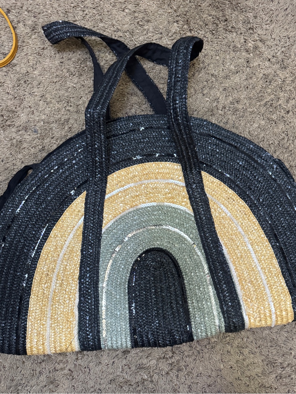 Oversized Woven Rainbow Arch Tote Bag in Black and natural